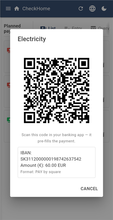 QR kód vo formáte PAY by square s ukážkovou sumou; číslo účtu je neplatné